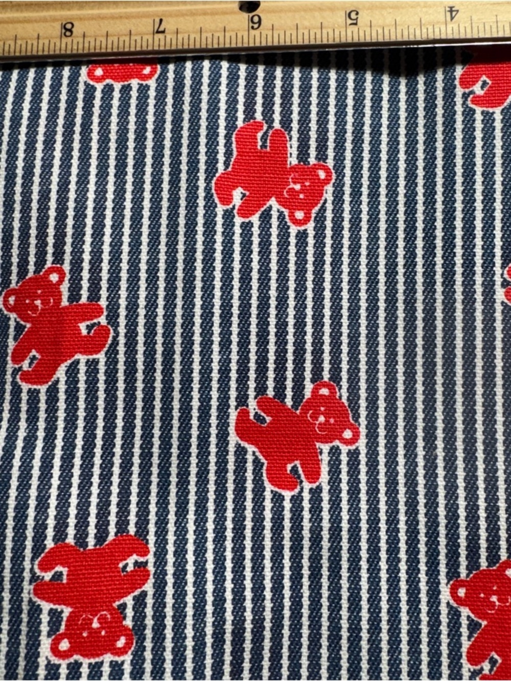 Striped Blue Red Teddy Bear Print denim like fabric 1 yard vintage #321 - Picture 2 of 3